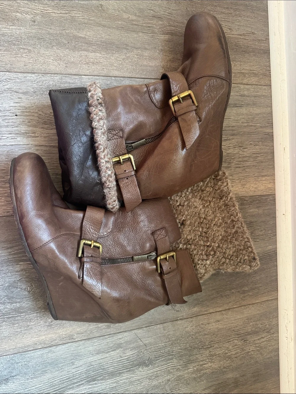 Vero Cuoio Brown Leather Wedge Boots with Knit Cuff and Buckle Detail